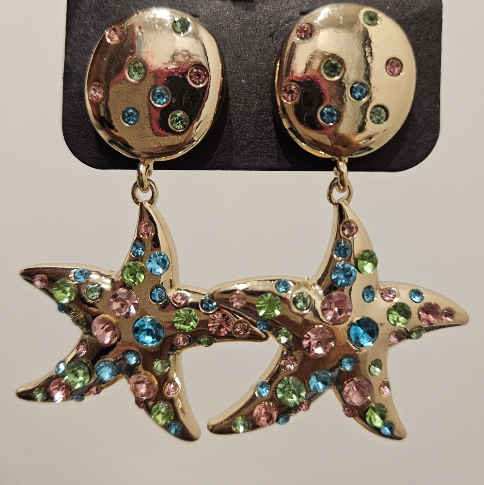PrettyLittleThing Gold Starfish Earrings with Colorful Gems